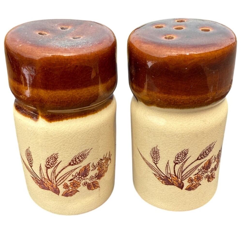 🌾 Vintage Stoneware Salt & Pepper Shakers Wheat Motif Rustic Farmhouse